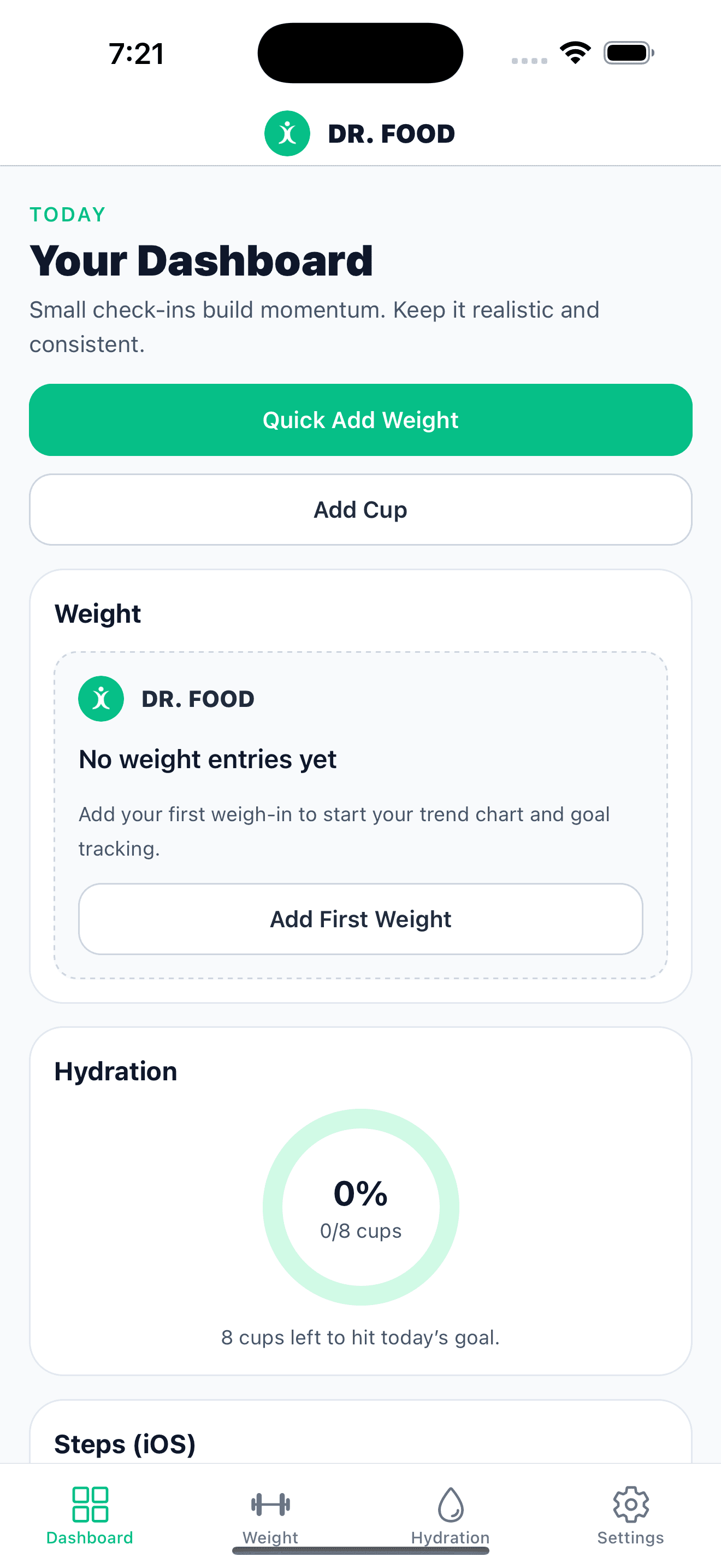 The DR. FOOD app's dashboard, with weight and water tracking