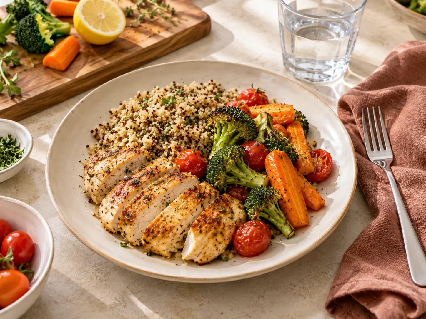 A home-prepared meal of chicken, quinoa, and roasted vegetables with a glass of water.