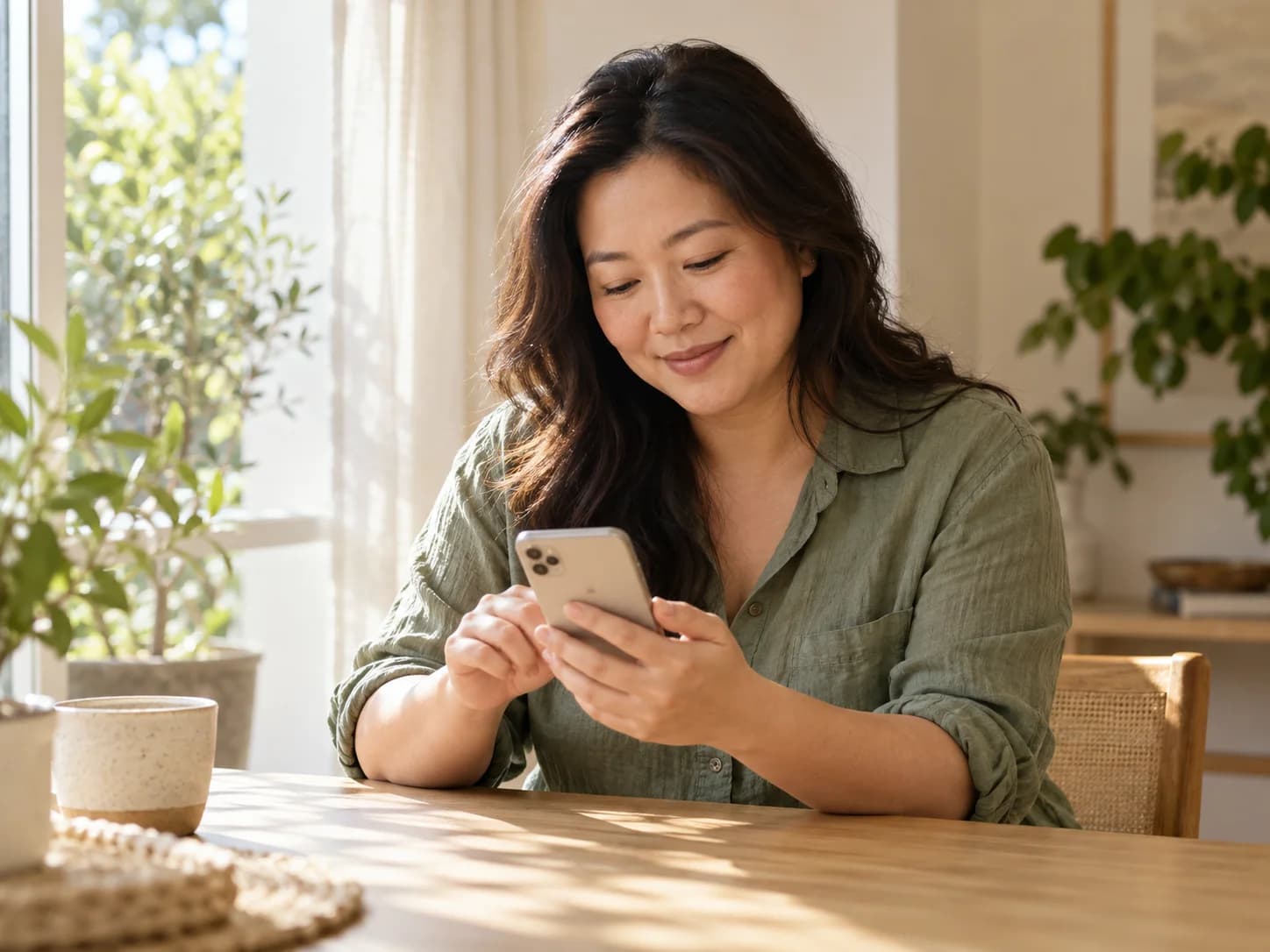 A woman using her phone at a sunlit table at home.